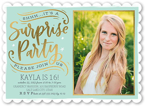 Secret Party Birthday Invitation, Blue, 5x7, Pearl Shimmer Cardstock, Scallop