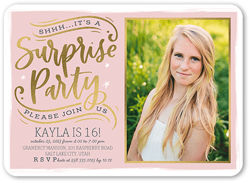 Secret Party Birthday Invitation, Pink, 5x7 Flat, Pearl Shimmer Cardstock, Rounded