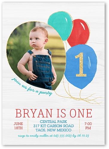 Balloon Bunch Boy Birthday Invitation, Blue, 5x7 Flat, Luxe Double-Thick Cardstock, Square
