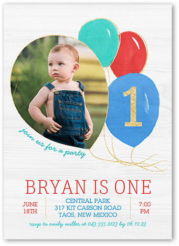 Balloon Bunch Boy Birthday Invitation, Blue, 5x7 Flat, Pearl Shimmer Cardstock, Square