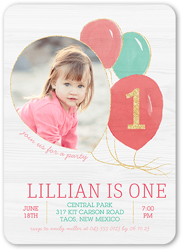 Balloon Bunch Girl Birthday Invitation, Pink, 5x7 Flat, 100% Recycled Cardstock , Rounded, Peony