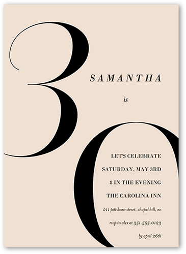 Modern Thirty Birthday Invitation, Beige, 5x7 Flat, 100% Recycled Cardstock , Square