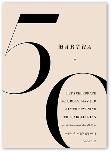 Modern Fifty Birthday Invitation, Beige, 5x7 Flat, Matte, Signature Smooth Cardstock, Square