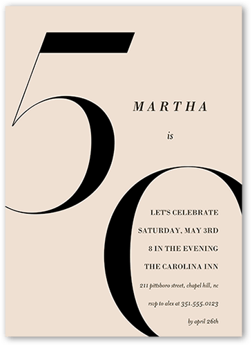 Modern Fifty Birthday Invitation, Beige, 5x7 Flat, Luxe Double-Thick Cardstock, Square