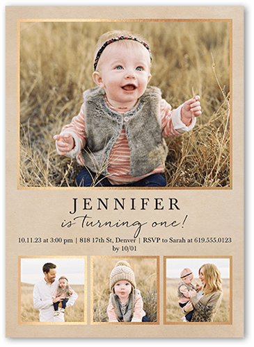 Elegant One Birthday Invitation, Beige, 5x7 Flat, Pearl Shimmer Cardstock, Square