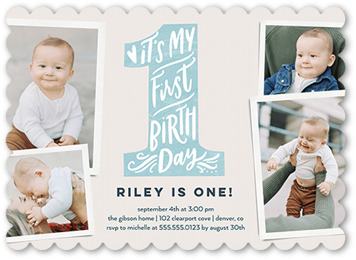 My First Birthday Birthday Invitation, Blue, 5x7 Flat, Pearl Shimmer Cardstock, Scallop