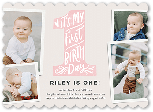 My First Birthday Birthday Invitation, Pink, 5x7 Flat, Pearl Shimmer Cardstock, Scallop