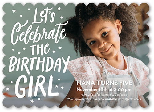 Celebrate Birthday Girl Birthday Invitation, White, 5x7 Flat, Pearl Shimmer Cardstock, Scallop