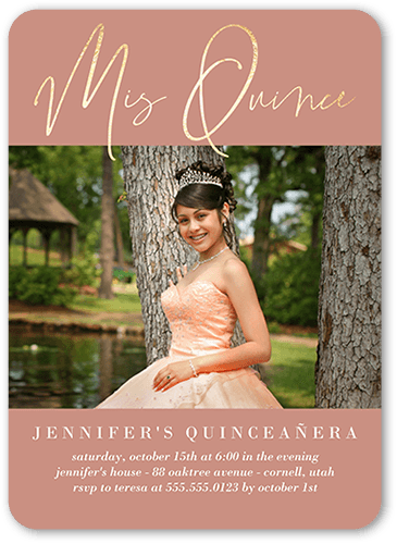My Quinceanera Birthday Invitation, Pink, 5x7 Flat, Pearl Shimmer Cardstock, Rounded, Desert Rose