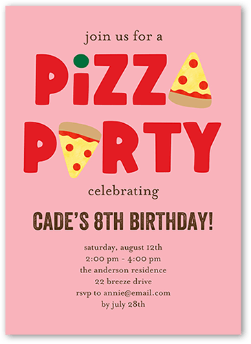 Pizza Surprise Birthday Invitation, Pink, 5x7 Flat, Pearl Shimmer Cardstock, Square, Ballet