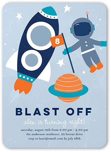 Astronaut Explorer Birthday Invitation, Blue, 5x7 Flat, Matte, Signature Smooth Cardstock, Rounded, Blue