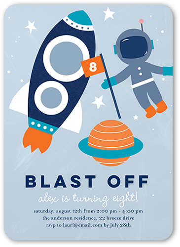 Astronaut Explorer Birthday Invitation, Blue, 5x7 Flat, Pearl Shimmer Cardstock, Rounded