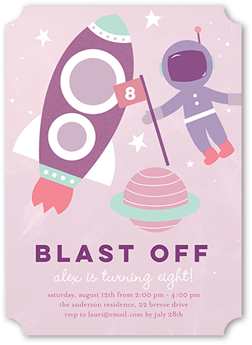 Astronaut Explorer Birthday Invitation, Purple, 5x7 Flat, Pearl Shimmer Cardstock, Ticket