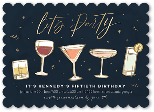 Classy Cocktails Birthday Invitation, Blue, 5x7 Flat, Pearl Shimmer Cardstock, Scallop