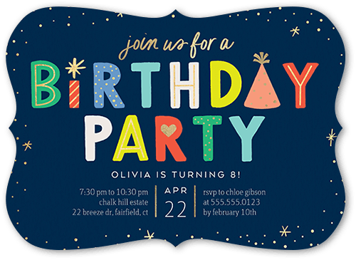 Candles And Caps Birthday Invitation, Blue, 5x7 Flat, Pearl Shimmer Cardstock, Bracket