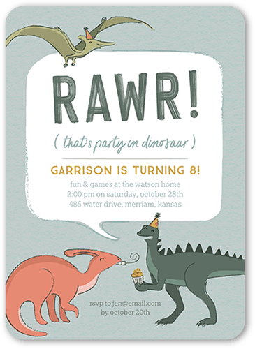 Dynomite Dinos Birthday Invitation, Green, 5x7 Flat, 100% Recycled Cardstock , Rounded