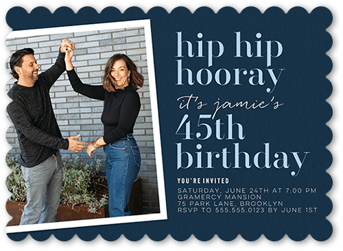 Happy Hooray Birthday Invitation, Blue, 5x7, Pearl Shimmer Cardstock, Scallop