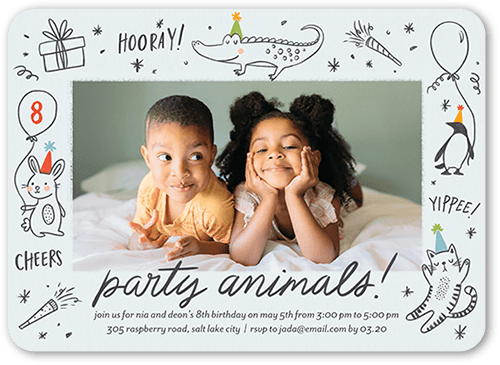 Animated Animals Birthday Invitation, Grey, 5x7 Flat, Standard Smooth Cardstock, Rounded, Air