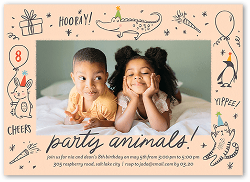 Animated Animals Birthday Invitation, Orange, 5x7 Flat, 100% Recycled Cardstock , Square
