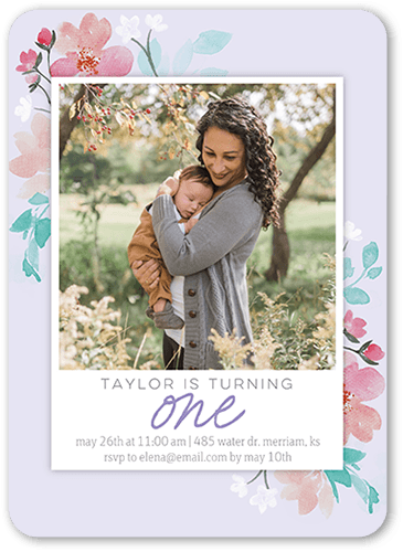 Sweetest Floral Birthday Invitation, Purple, 5x7 Flat, Standard Smooth Cardstock, Rounded, Purple