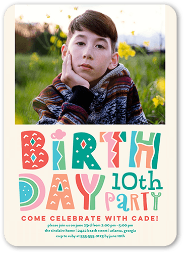 Dancing Letters Birthday Invitation, Pink, 5x7 Flat, 100% Recycled Cardstock , Rounded, Chenille