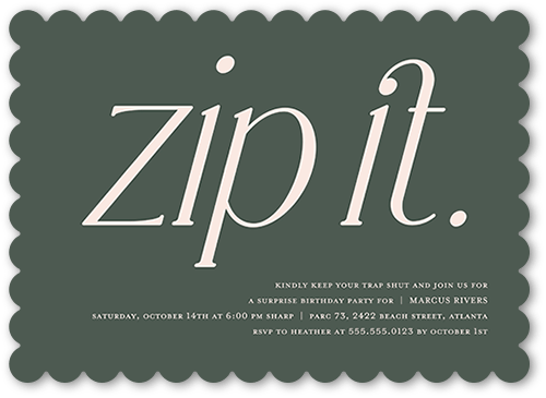 Zip It Birthday Invitation, Green, 5x7 Flat, Pearl Shimmer Cardstock, Scallop