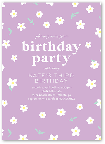 Daisy Decor Birthday Invitation, Purple, 5x7, Pearl Shimmer Cardstock, Square