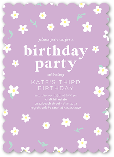Daisy Decor Birthday Invitation, Purple, 5x7, Pearl Shimmer Cardstock, Scallop
