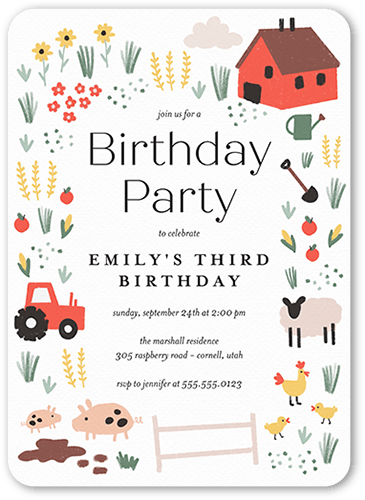 Farmhouse Frame Birthday Invitation, White, 5x7 Flat, Pearl Shimmer Cardstock, Rounded