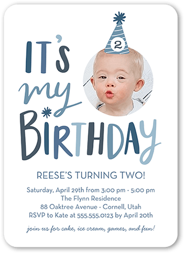 Candid Cap Birthday Invitation, Blue, 5x7 Flat, Pearl Shimmer Cardstock, Rounded