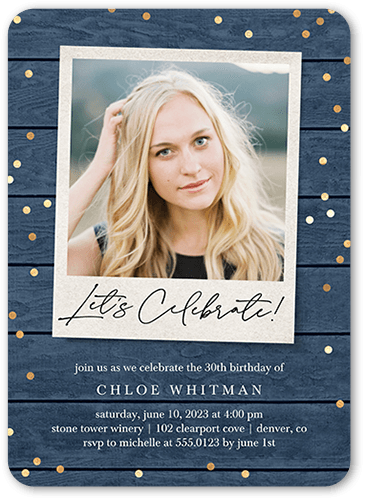 Candid Centerpiece Birthday Invitation, Blue, 5x7 Flat, Pearl Shimmer Cardstock, Rounded, Navy