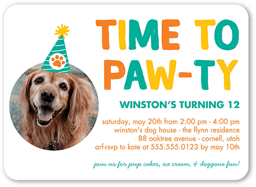 Pawty Time Birthday Invitation, White, 5x7 Flat, Standard Smooth Cardstock, Rounded