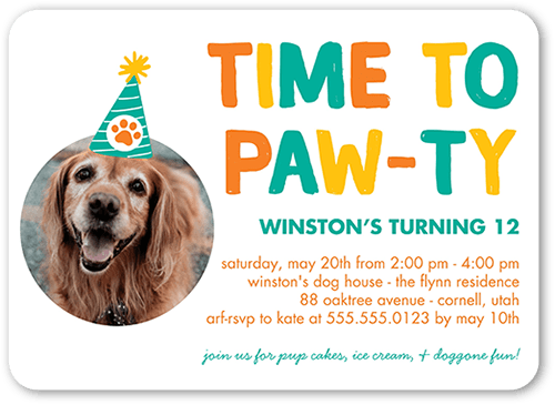 Pawty Time Birthday Invitation, White, 5x7 Flat, Matte, Signature Smooth Cardstock, Rounded, White
