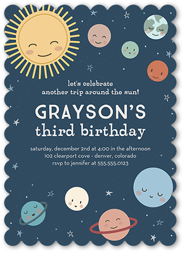 Planetary Perfection Birthday Invitation, Blue, 5x7 Flat, Pearl Shimmer Cardstock, Scallop