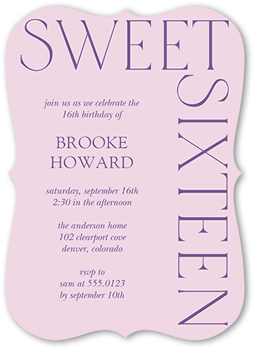 Simply Sixteen Birthday Invitation, Purple, 5x7 Flat, Pearl Shimmer Cardstock, Bracket