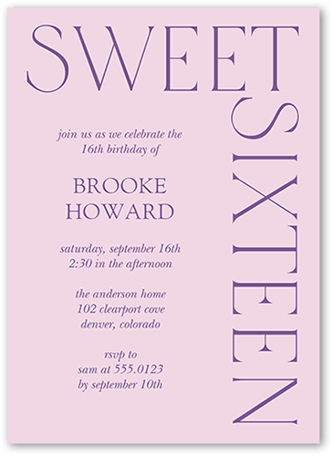 Simply Sixteen Birthday Invitation, Purple, 5x7 Flat, Matte, Signature Smooth Cardstock, Square