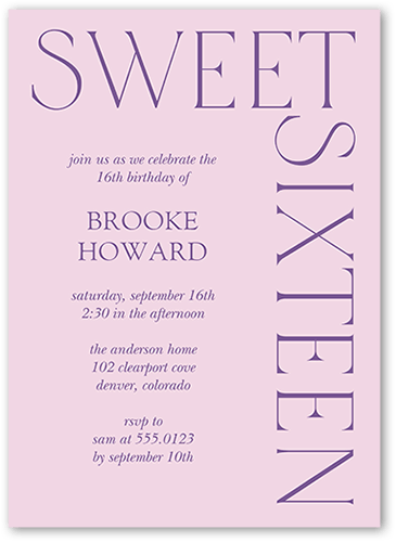 Simply Sixteen Birthday Invitation, Purple, 5x7 Flat, Standard Smooth Cardstock, Square