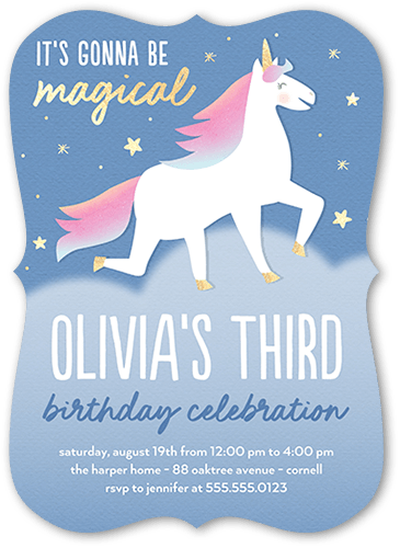 Unique Unicorn Birthday Invitation, Blue, 5x7 Flat, Pearl Shimmer Cardstock, Bracket