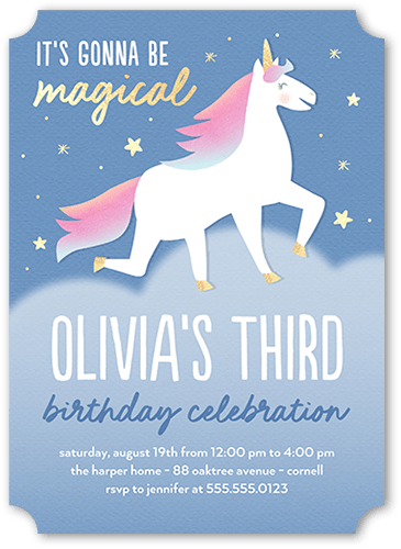 Unique Unicorn Birthday Invitation, Blue, 5x7, Pearl Shimmer Cardstock, Ticket