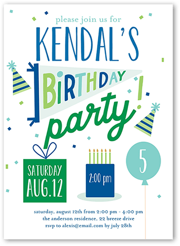 Essential Elements Birthday Invitation, Blue, 5x7 Flat, Pearl Shimmer Cardstock, Square