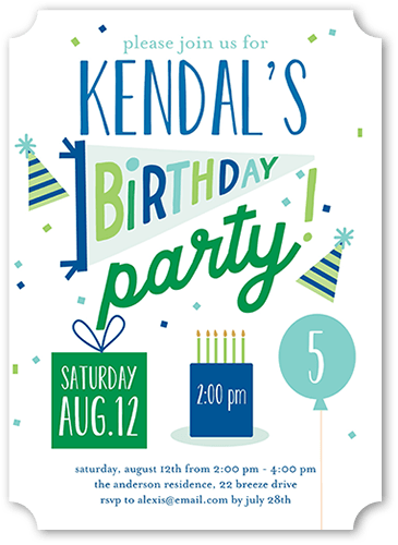 Essential Elements Birthday Invitation, Blue, 5x7, Pearl Shimmer Cardstock, Ticket