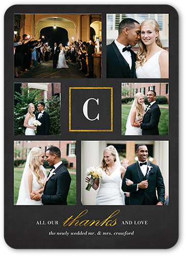 Thankful Monogram Thank You Card, Black, Matte, Signature Smooth Cardstock, Rounded