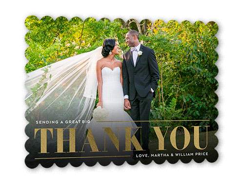 Big Bold Thanks Thank You Card, White, Gold Foil, 5x7 Flat, Matte, Signature Smooth Cardstock, Scallop