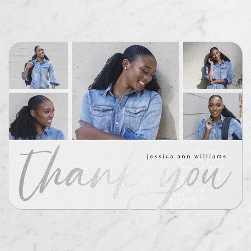 Luminous Script Thank You Card, White, Silver Foil, 5x7 Flat, Pearl Shimmer Cardstock, Rounded, White