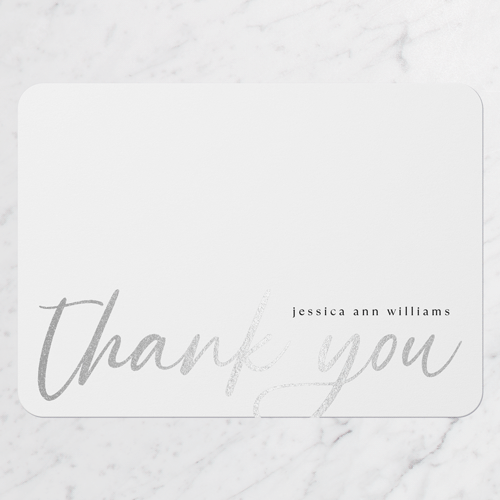 Stamp Script Thank You Card, White, Silver Foil, 5x7 Flat, Pearl Shimmer Cardstock, Rounded, White