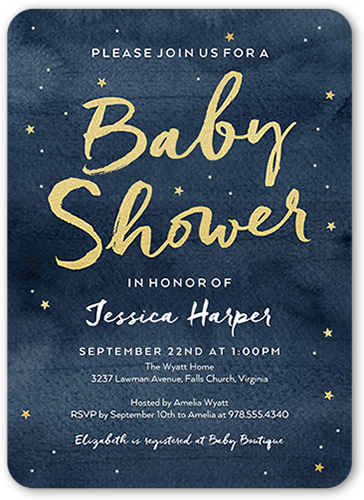 Starry Watercolor Baby Shower Invitation, Blue, Pearl Shimmer Cardstock, Rounded