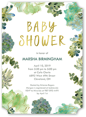 Splendid Succulents Baby Shower Invitation, Green, 5x7 Flat, Pearl Shimmer Cardstock, Ticket