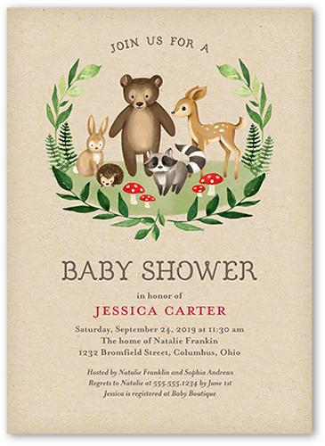 Woodland Friends Baby Shower Invitation, Beige, 5x7 Flat, Luxe Double-Thick Cardstock, Square