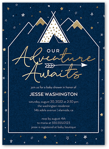 Awaiting Adventure Baby Shower Invitation, Blue, 5x7 Flat, Pearl Shimmer Cardstock, Square