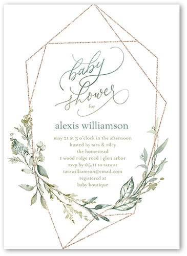 Geometric Floral Frame Baby Shower Invitation, Green, 5x7, Pearl Shimmer Cardstock, Square